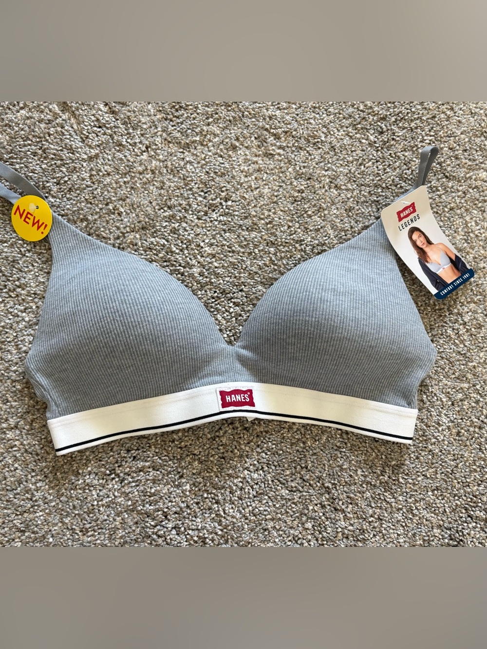 Hanes Gray Ribbed Wireless Triangle Bra with White Band